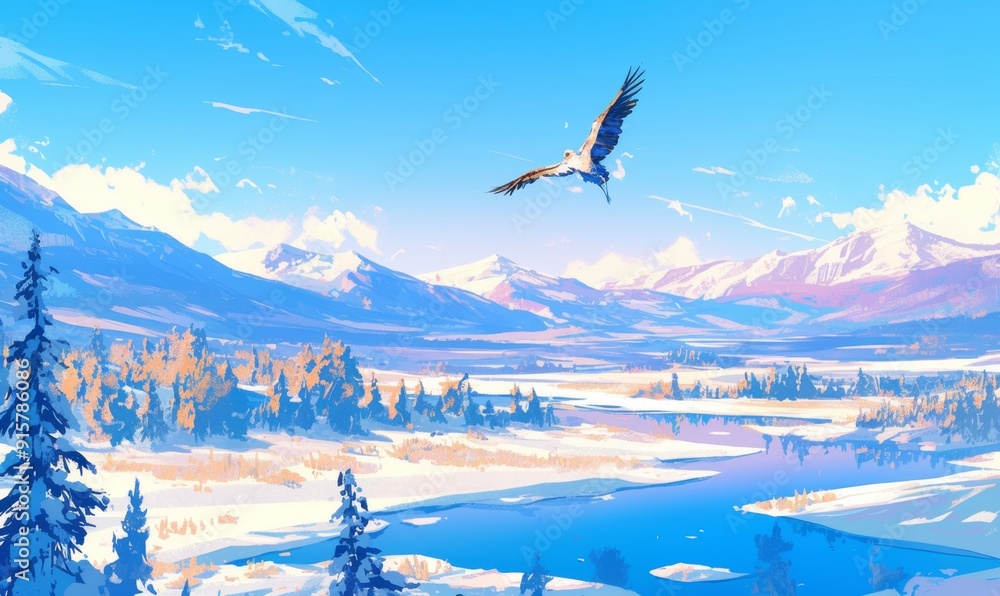 Obraz premium Enchanting Yellowstone Winter Wonderland: Dreamy Anime-Style 4K Wallpaper with Wildlife and Snowy Landscapes. Captivating Digital Art Blending Natural Beauty and Fantasy Elements, Perfect for Holiday 