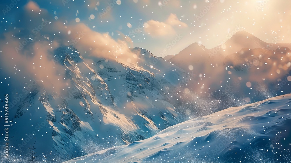 Obraz premium A mountain range with snow on the peaks and a bright sun in the sky. The mountains are covered in snow and the sun is shining brightly, creating a beautiful and serene atmosphere