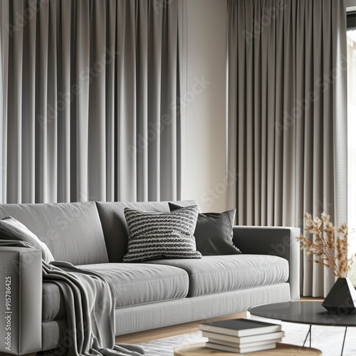 Capturing the unique blend of functionality and style in a living room adorned with blackout curtains and minimalist Japandi furniture.