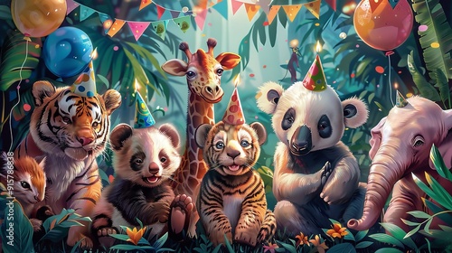 A birthday party scene with various animals wearing party hats, surrounded by balloons, gifts, and a large birthday banner.