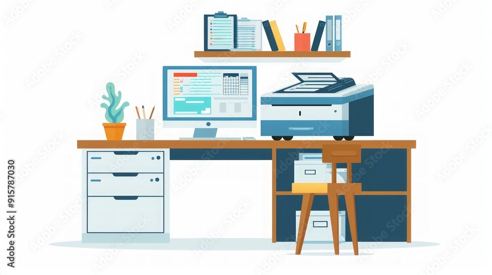 Modern Office Workspace with Computer and Printer Modern Office Workspace with Computer and Printer