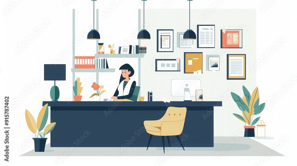 Fototapeta premium Modern Office Interior Design: Woman Working at Desk