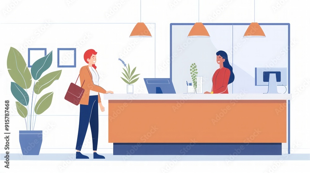 Woman Greeting Receptionist at Office Desk Woman Greeting Receptionist at Office Desk