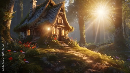 Fairytale tree house in a mysterious forest, house of pixies and elves. template for design.