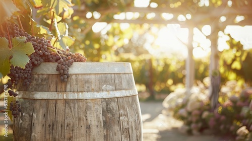 A rustic wine cellar with rows of wooden barrels, harvest photo photo