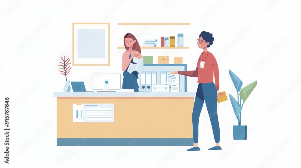 Business Reception: Man and Woman at the Front Desk Business Reception: Man and Woman at the Front Desk