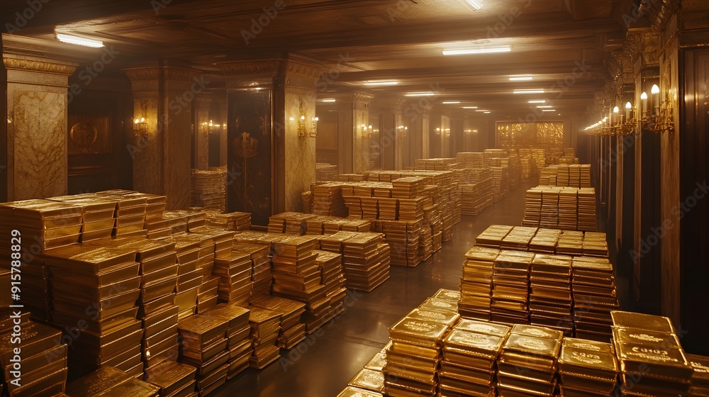 The gold bars stacked in the vault of leclercch bank, where they store their wealth for over one million dollars. The room is full with walls made out from golden bars The gold bars stacked in the vault of leclercch bank, where they store their wealth for over one million dollars. The room is full with walls made out from golden bars