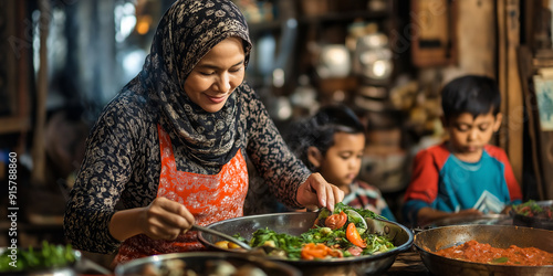 Muslim family cooking together in kitchen preparing food photo