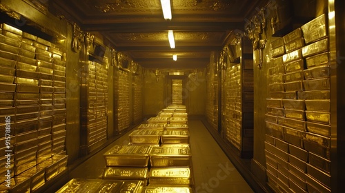 The gold bars stacked in the vault of leclercch bank, where they store their wealth for over one million dollars. The room is full with walls made out from golden bars