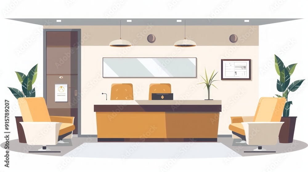 Modern Office Reception Area with Stylish Furniture and Plants Modern Office Reception Area with Stylish Furniture and Plants