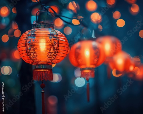 Close-up of red lanterns and New Year decorations photo