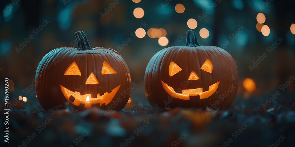 Two carved pumpkins glowing in the dark forest celebrating halloween night Two carved pumpkins glowing in the dark forest celebrating halloween night