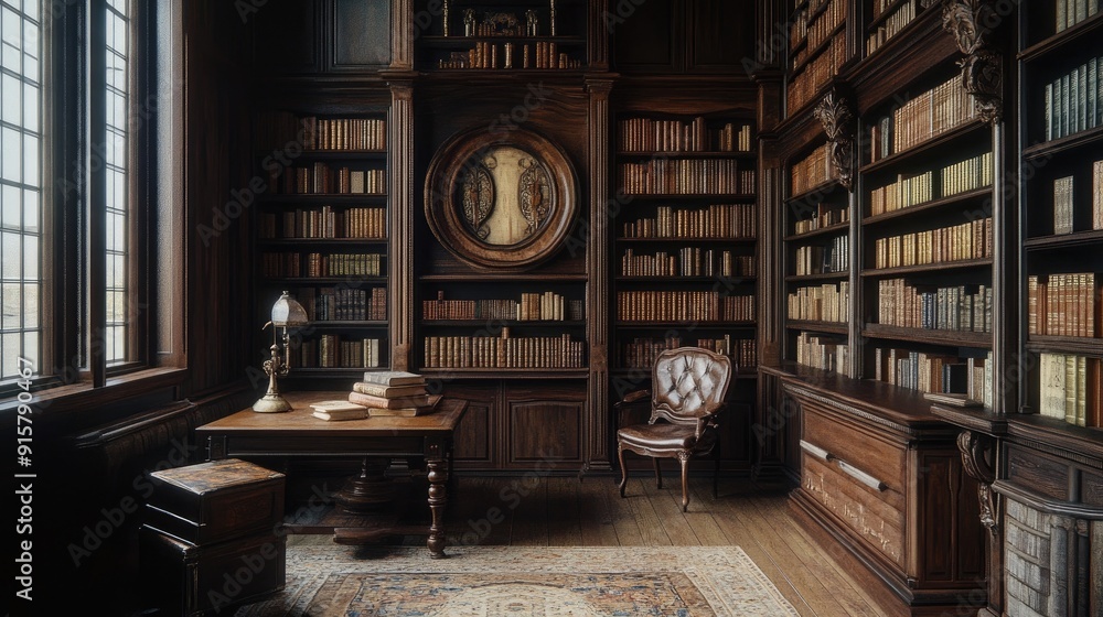 A historical library with dark wood shelves, antique furniture, and a collection of old, leather-bound books, giving a sense of timelessness. A historical library with dark wood shelves, antique furniture, and a collection of old, leather-bound books, giving a sense of timelessness.