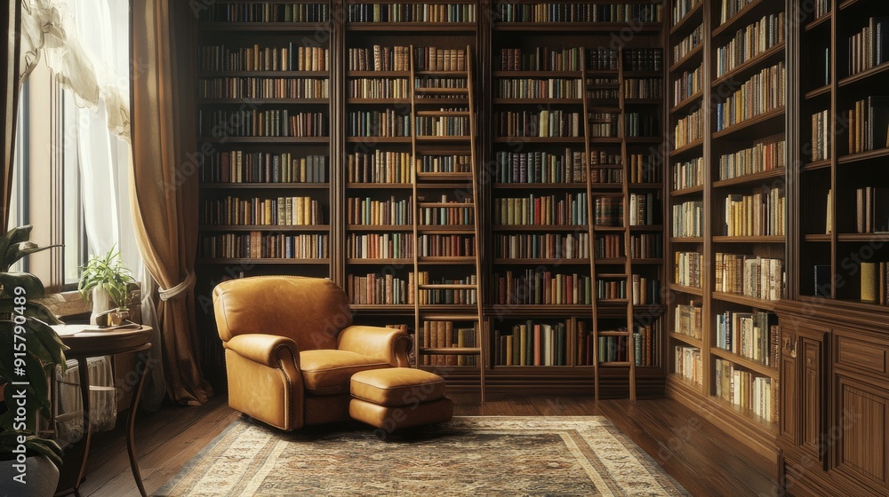 A home library with floor-to-ceiling bookshelves, a ladder for easy access to higher shelves, and a comfortable reading chair in the corner. A home library with floor-to-ceiling bookshelves, a ladder for easy access to higher shelves, and a comfortable reading chair in the corner.