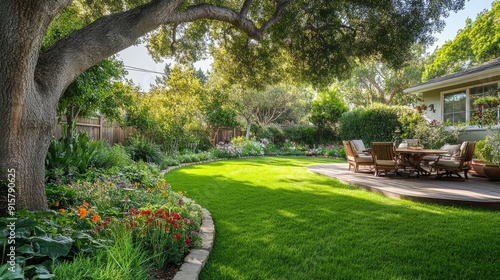 A lush, green backyard with a neatly manicured lawn, flower beds blooming with colorful flowers, and a wooden patio set under a large tree. The scene is lit by soft, natural sunlight.