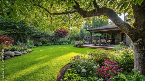 A lush, green backyard with a neatly manicured lawn, flower beds blooming with colorful flowers, and a wooden patio set under a large tree. The scene is lit by soft, natural sunlight.