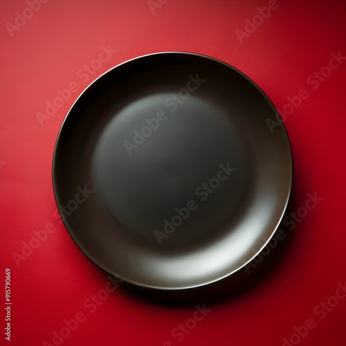 top view black oval plate on dark red background