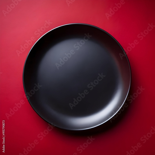 top view black oval plate on dark red background