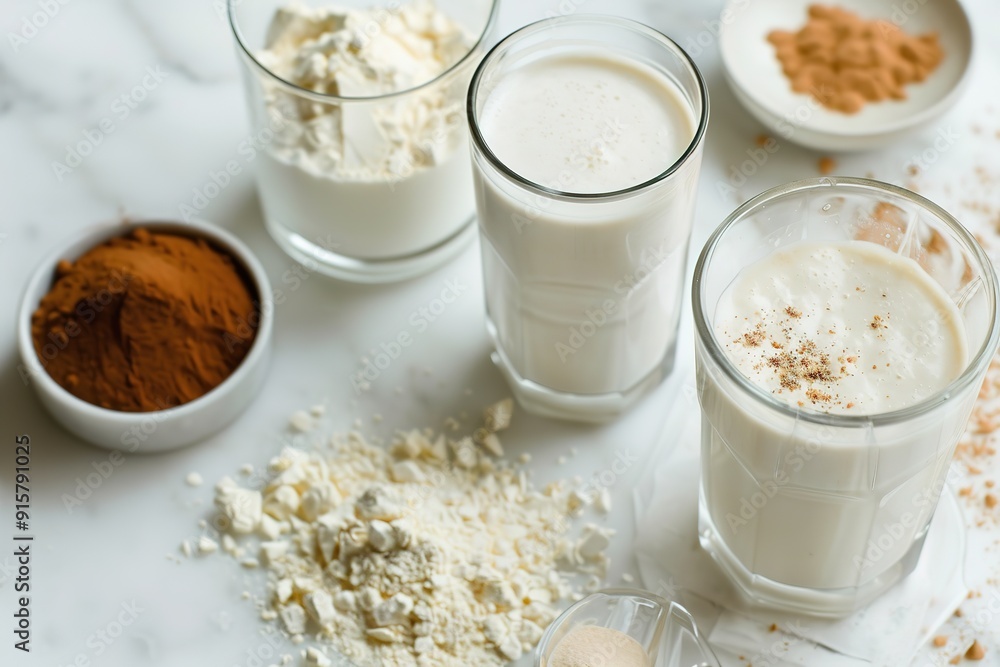 Protein shakes in glasses with powder and oats on marble Protein shakes in glasses with powder and oats on marble