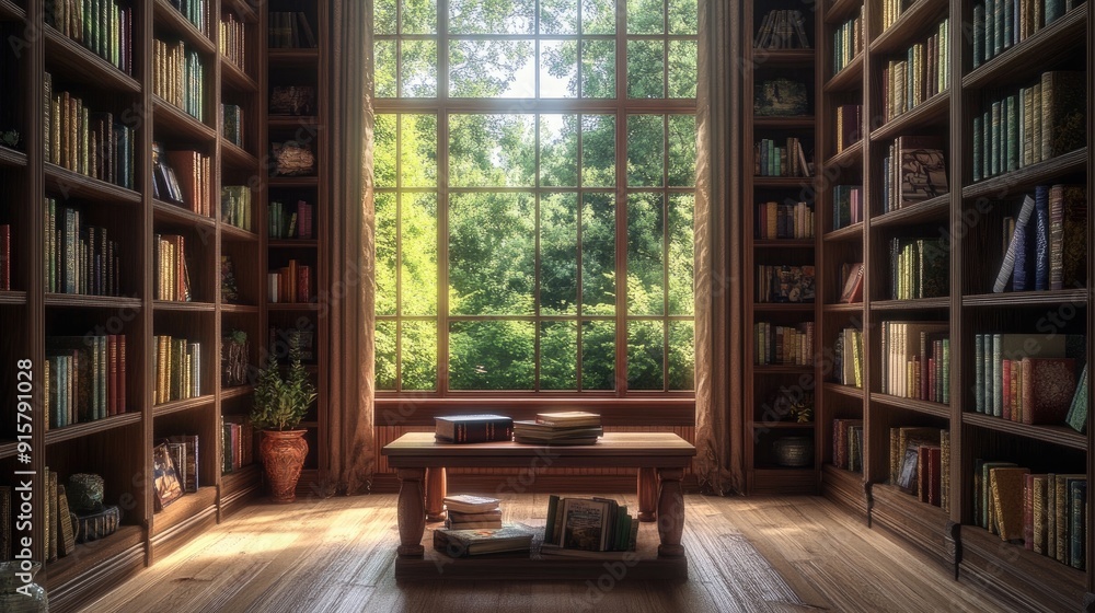 A quiet and cozy library room with shelves full of books, a wooden table in the center, and a soft light filtering through a large window. A quiet and cozy library room with shelves full of books, a wooden table in the center, and a soft light filtering through a large window.