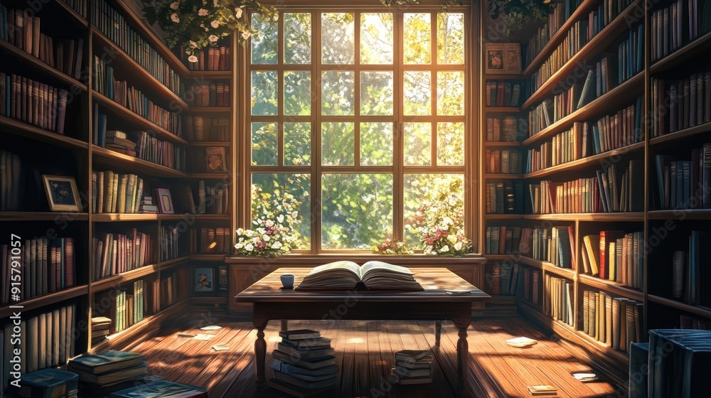 A quiet and cozy library room with shelves full of books, a wooden table in the center, and a soft light filtering through a large window. A quiet and cozy library room with shelves full of books, a wooden table in the center, and a soft light filtering through a large window.
