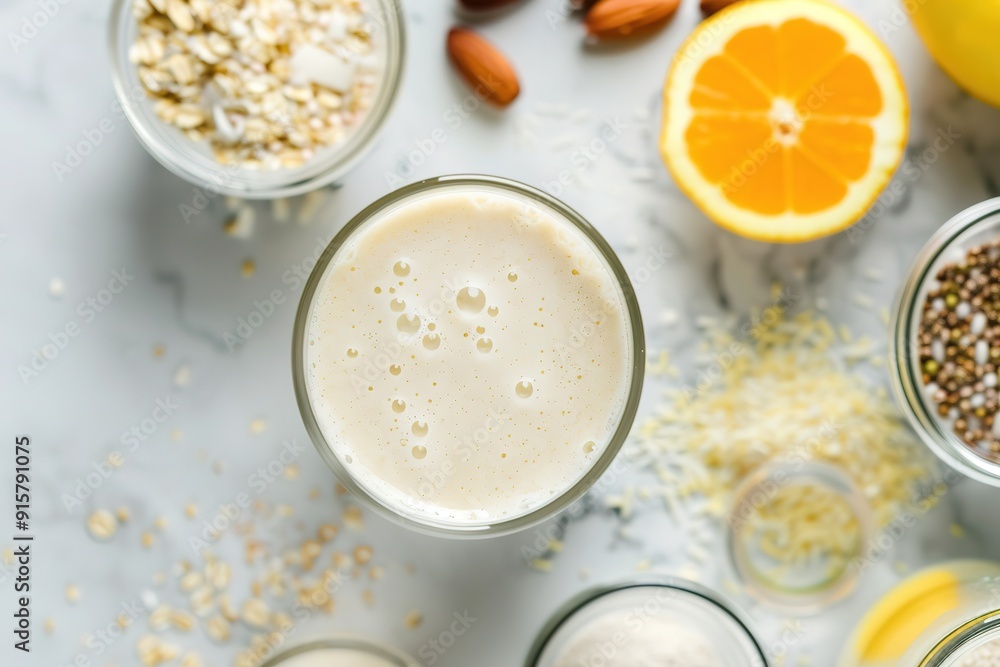 Fresh protein smoothie with ingredients on marble Fresh protein smoothie with ingredients on marble