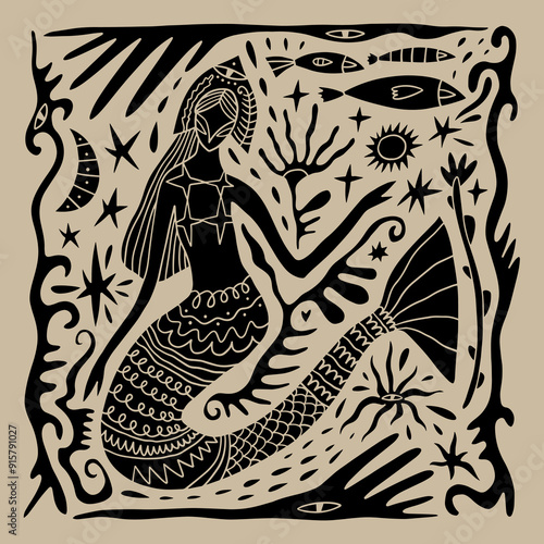 Cartoon linocut vintage ethnic mermaid princess, boho character mascot groovy whimsical flat art. Doodle stellar celestial details. Hand-drawn mystical bohemian composition. Mythology totem concept