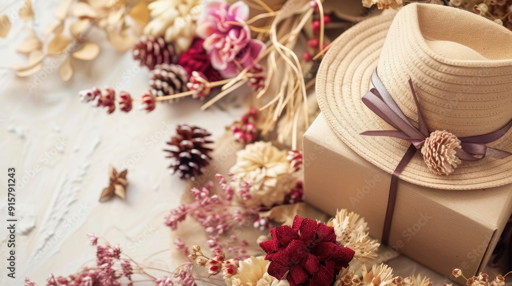 Fototapeta premium Dry flowers with Christmas and New Year's hats, gift box, copy space.