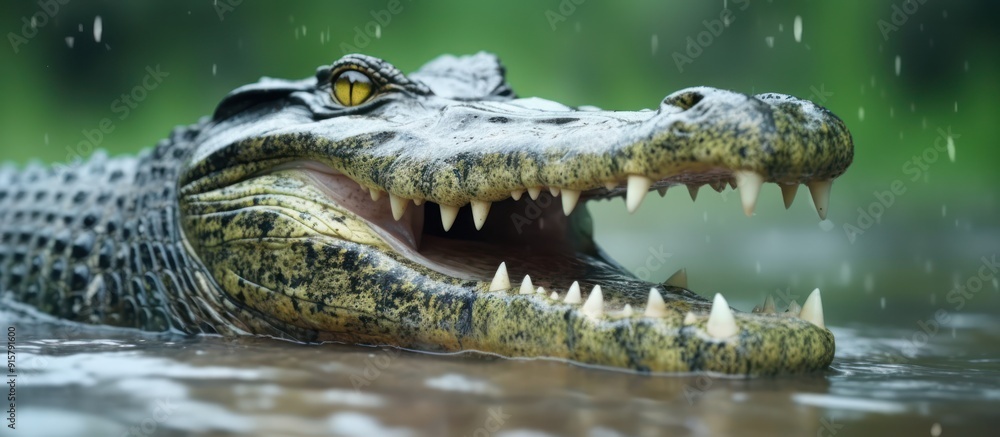 Obraz premium Close-up of a Caiman with its Mouth Open in Water