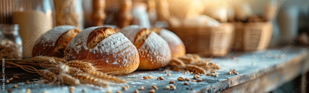 Some breads that are sitting on a table, bakery Some breads that are sitting on a table, bakery