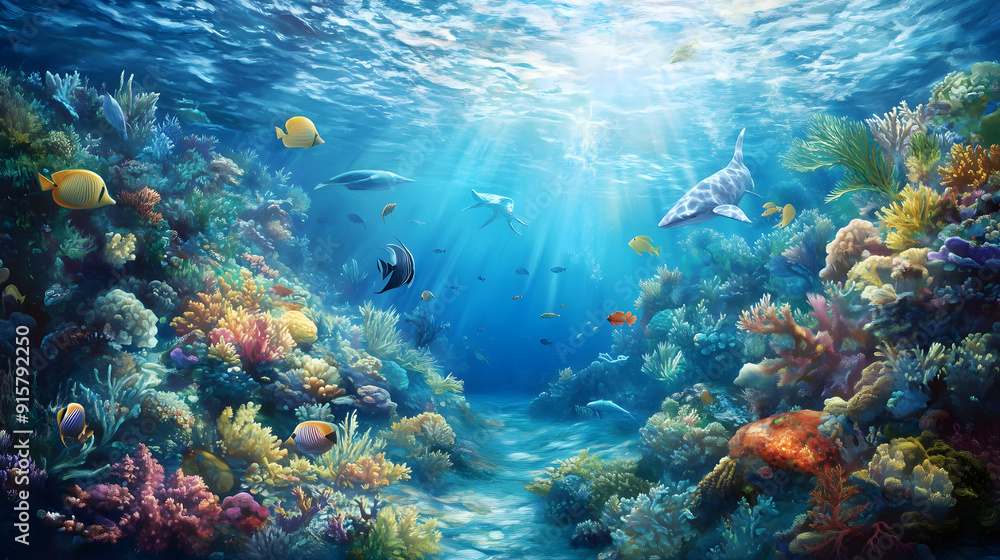 Fototapeta premium a serene, hyper-realistic underwater scene showcasing a vibrant coral reef teeming with exotic fish and marine life. Include intricate details and a sense of depth