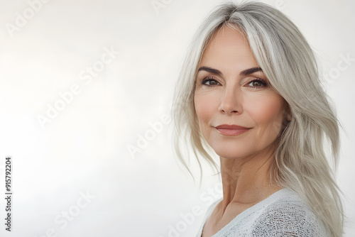 Beautiful Mature European woman close up portrait. Beautiful gorgeous 40-50s mid aged mature lady looking at camera isolated on white.