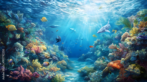 a serene, hyper-realistic underwater scene showcasing a vibrant coral reef teeming with exotic fish and marine life. Include intricate details and a sense of depth