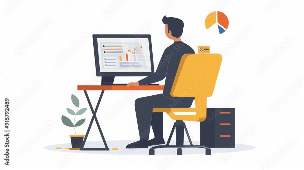 Businessman Working on Computer with Data Analysis Charts Businessman Working on Computer with Data Analysis Charts