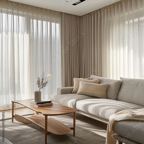 Capturing the unique blend of functionality and style in a living room adorned with blackout curtains and minimalist Japandi furniture.