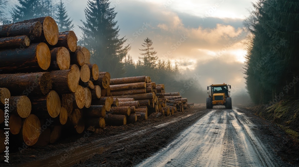 Logging operation with a tractor hauling a load of logs down a muddy road