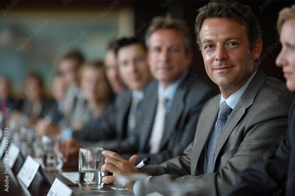 Beautiful male manager sitting with his colleagues giving a presentation in a meeting at the office. Beautiful male manager sitting with his colleagues giving a presentation in a meeting at the office.