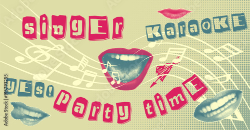 Karaoke music collage with halftone stickers hands lips and inscriptions, musical notations Cut out from newspapers, magazines, torn paper Poster design Vinyl player, mouth, hears Vector illustration