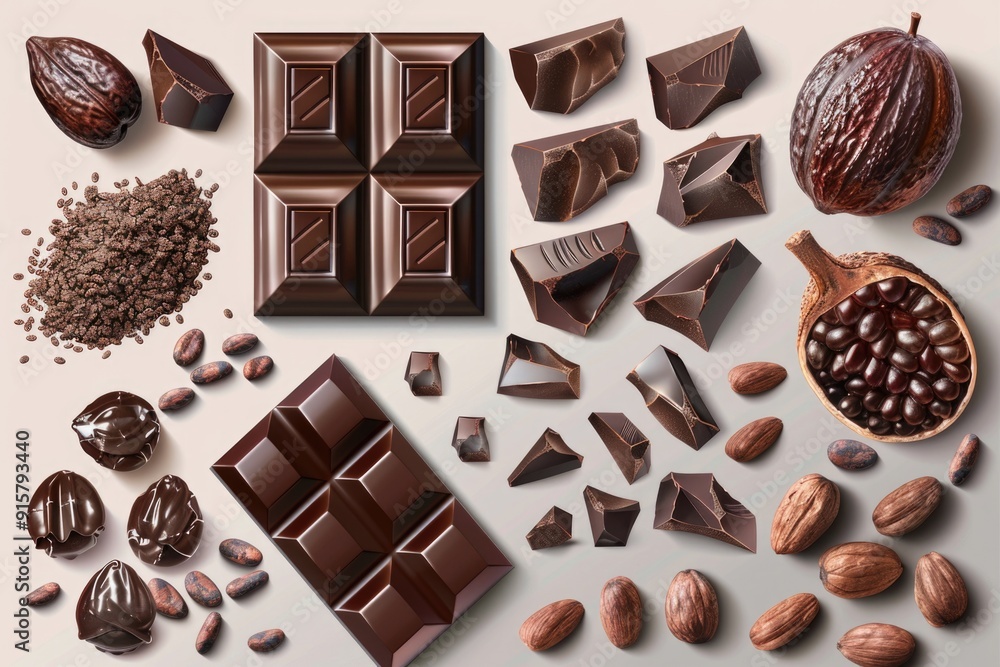 Chocolate ingredients: cocoa beans, nuts, candy bars and powder. Chocolate ingredients: cocoa beans, nuts, candy bars and powder.