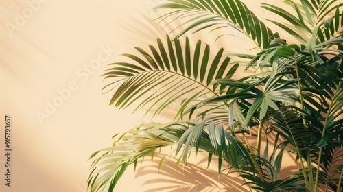 Palm tree with green leaves by beige resort, vacation concept photo