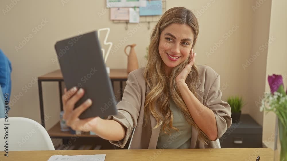Blonde woman interacts with tablet in a modern living room, exuding casual elegance and technology engagement. Blonde woman interacts with tablet in a modern living room, exuding casual elegance and technology engagement.