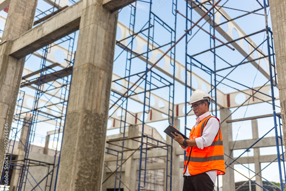 Fototapeta premium Architect engineer is checking the progress of the building project and checking the accuracy of the building structure.