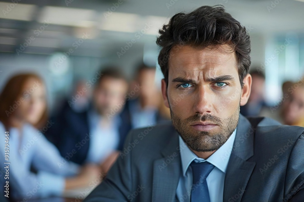 Beautiful portrait of a sad businessman being mobbed by colleagues in the background at the workplace. Beautiful portrait of a sad businessman being mobbed by colleagues in the background at the workplace.