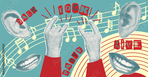 Karaoke music collage with halftone stickers hands lips and inscriptions, musical notations Cut out from newspapers, magazines, torn paper Poster design Vinyl player, mouth, hears Vector illustration