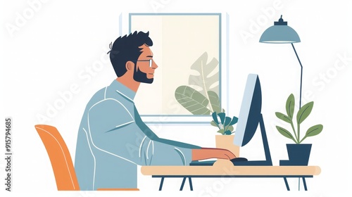 Man Working on Computer in Office Illustration