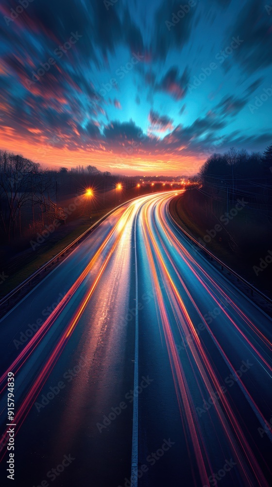 Blurred image of a highway with cars driving on it at sunset Blurred image of a highway with cars driving on it at sunset