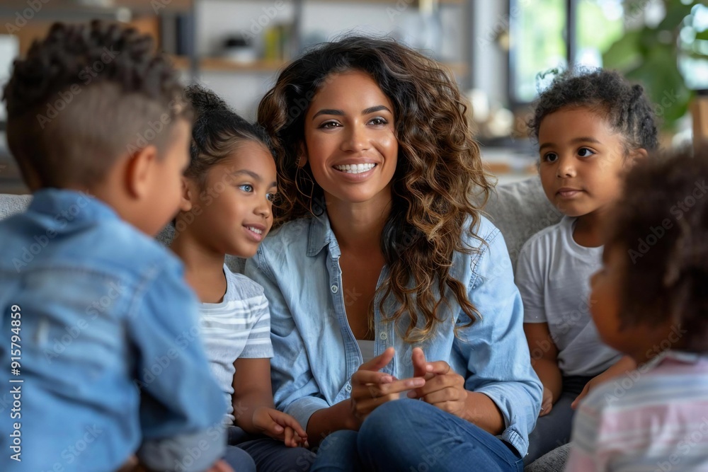 Beautiful person teaching sign languages to gorgeous multiethnic pupils while sitting on a sofa at home. Beautiful person teaching sign languages to gorgeous multiethnic pupils while sitting on a sofa at home.