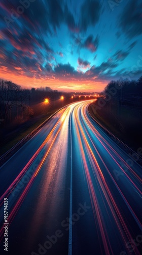 Blurred image of a highway with cars driving on it at sunset