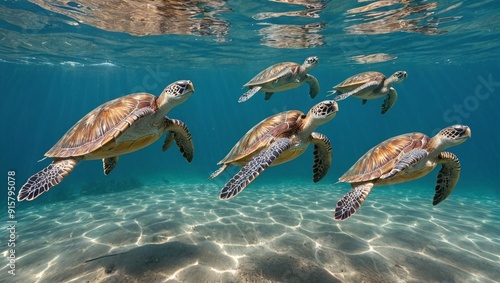 Marine Life Magic Sunlit Reef with Gliding Sea Turtles