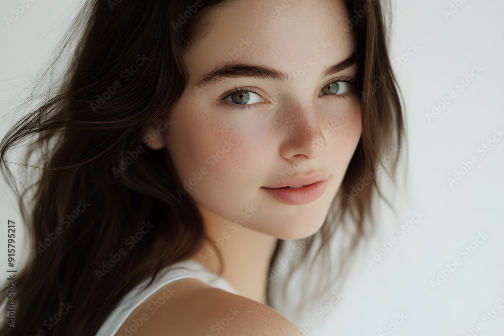 Beautiful young European woman with clean fresh skin on white background. Face care, Facial treatment concept Beautiful young European woman with clean fresh skin on white background. Face care, Facial treatment concept